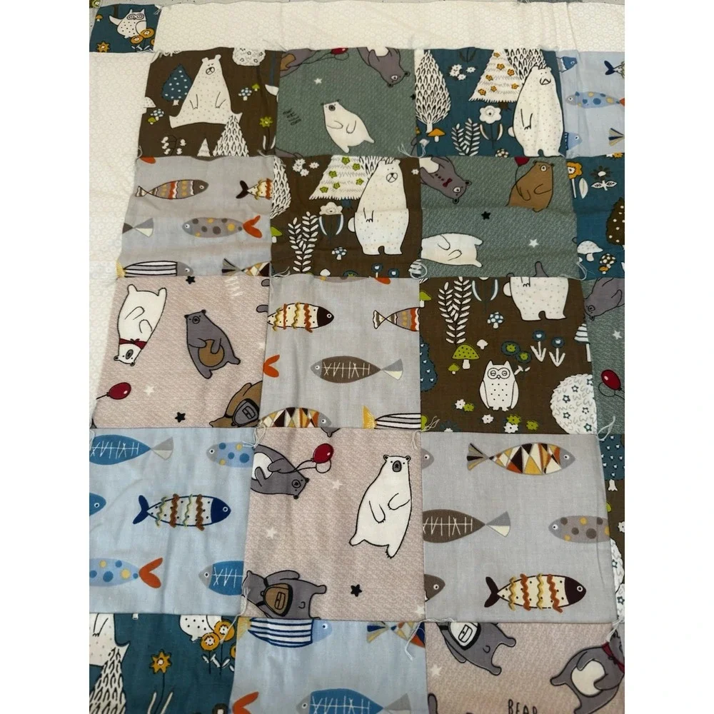 Handmade Bear And‎ Fish Patchwork Baby Boys Quilt Nursery Crib Blanket 37x49